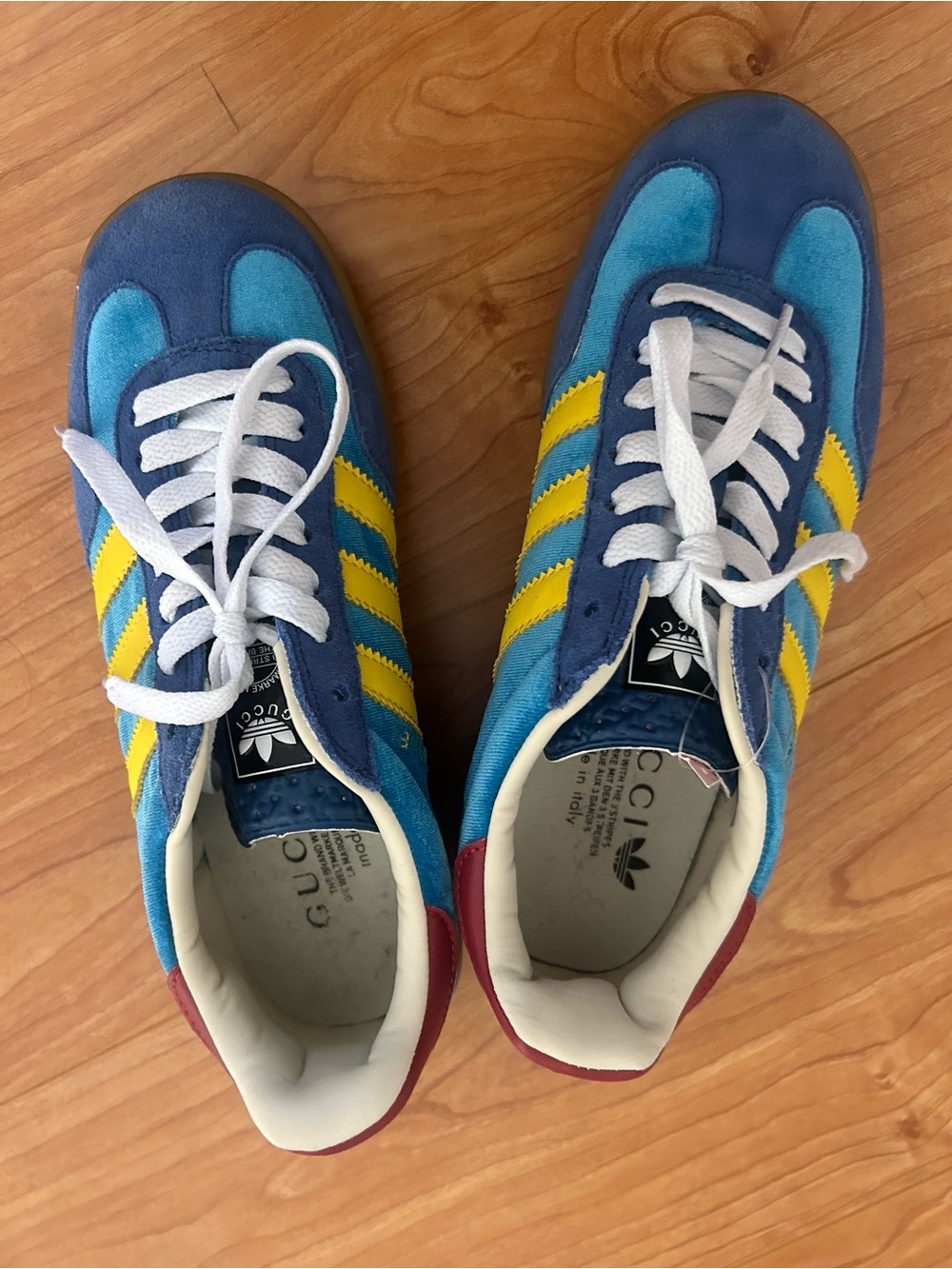 Rare Gucci x Adidas Blue and Yellow Suede Retro Sneakers with Red Heel